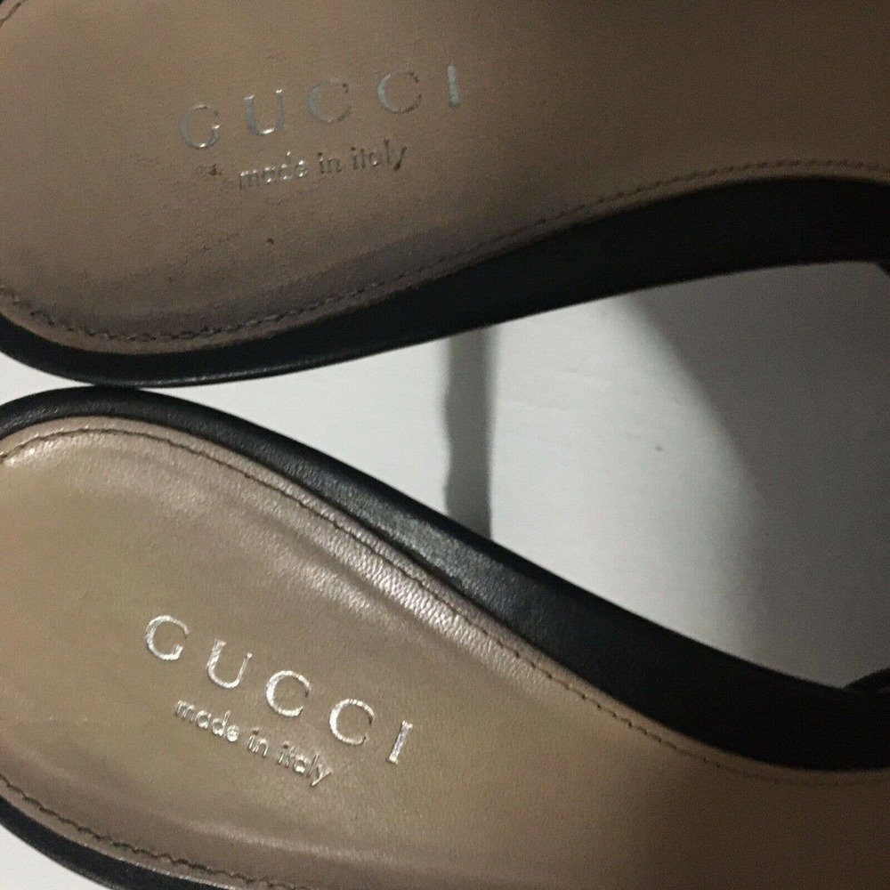 Gucci: Black leather New Hollywood horsebit slides. Size 38/US 8 . Pre-owned - Picture 10 of 11